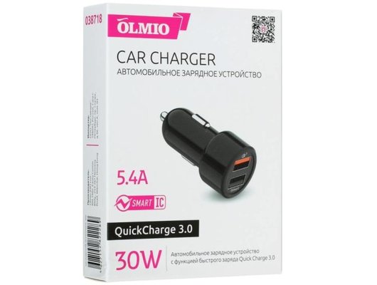 Зарядное устройство OLMIO АЗУ 30W USBx2 QC Smart IC black 038718